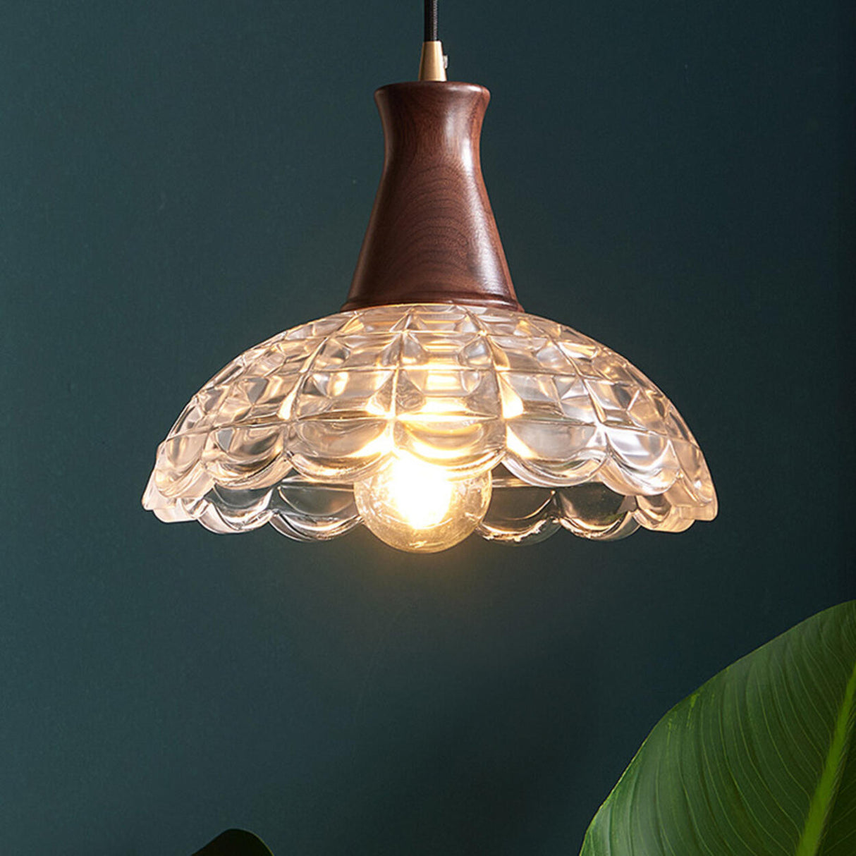 Rustic Wood Vintage Dome Clear Glass Pendant Light Image - 2