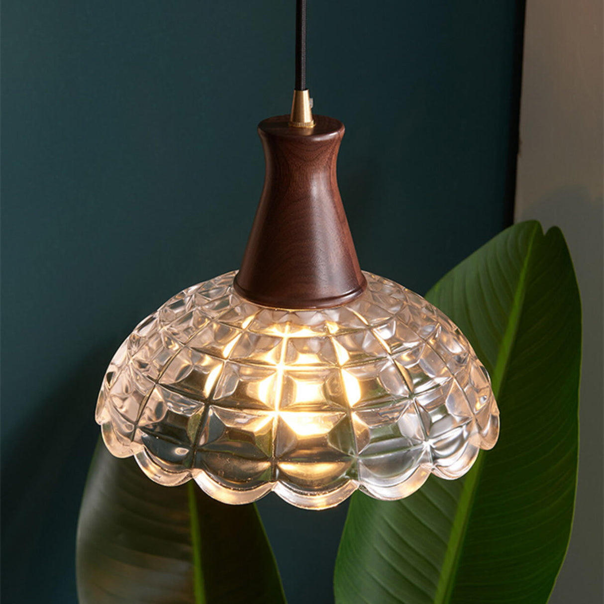 Rustic Wood Vintage Dome Clear Glass Pendant Light Image - 3