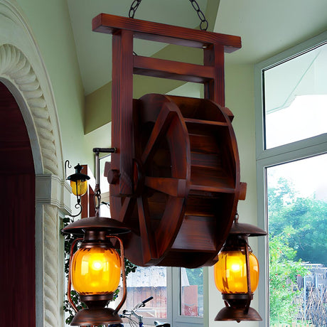 Rustic Wood Wagon Wheel Amber Glass Lantern Chandelier Image - 2