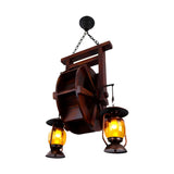 Rustic Wood Wagon Wheel Amber Glass Lantern Chandelier Image - 4