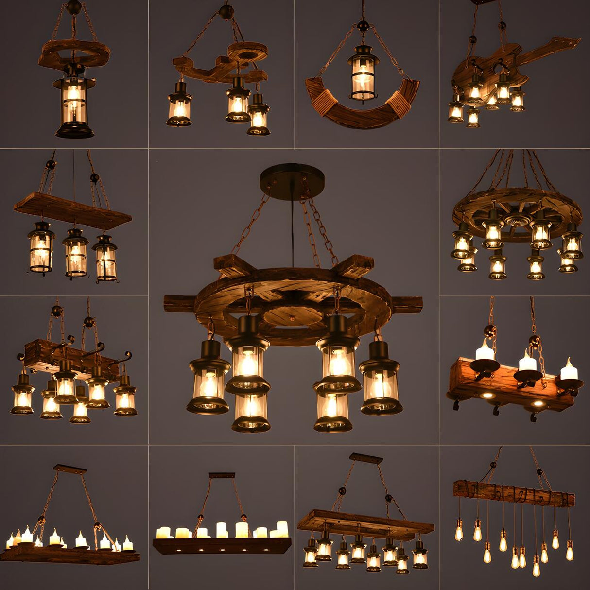 Rustic Wood Wagon Wheel Lantern Restaurant Chandelier Image - 1