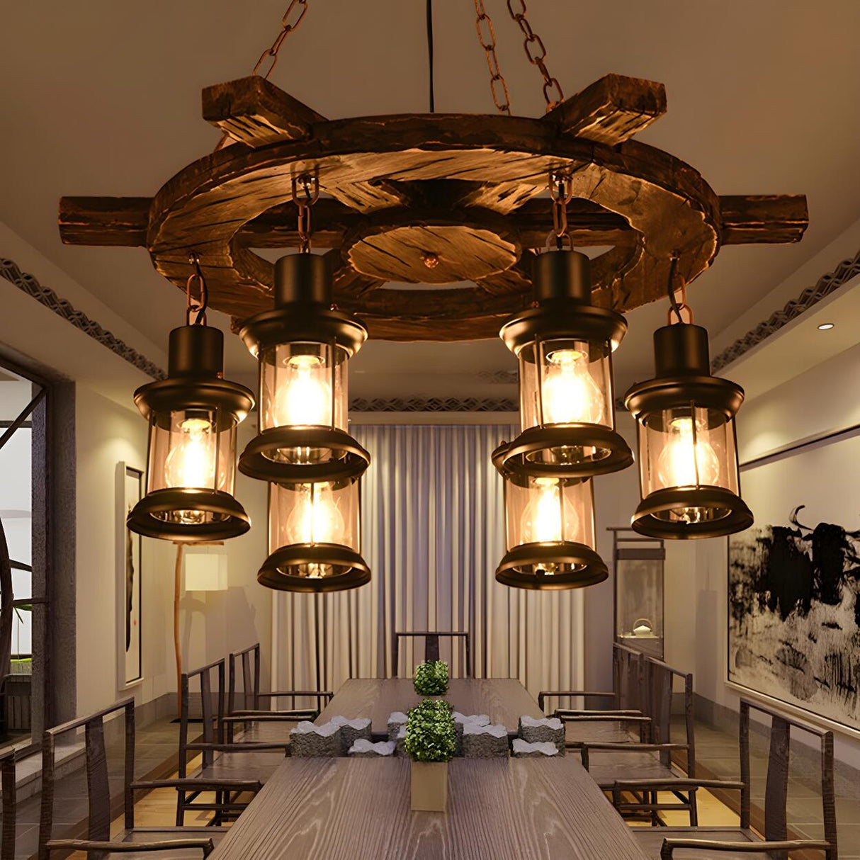 Rustic Wood Wagon Wheel Lantern Restaurant Chandelier Image - 2