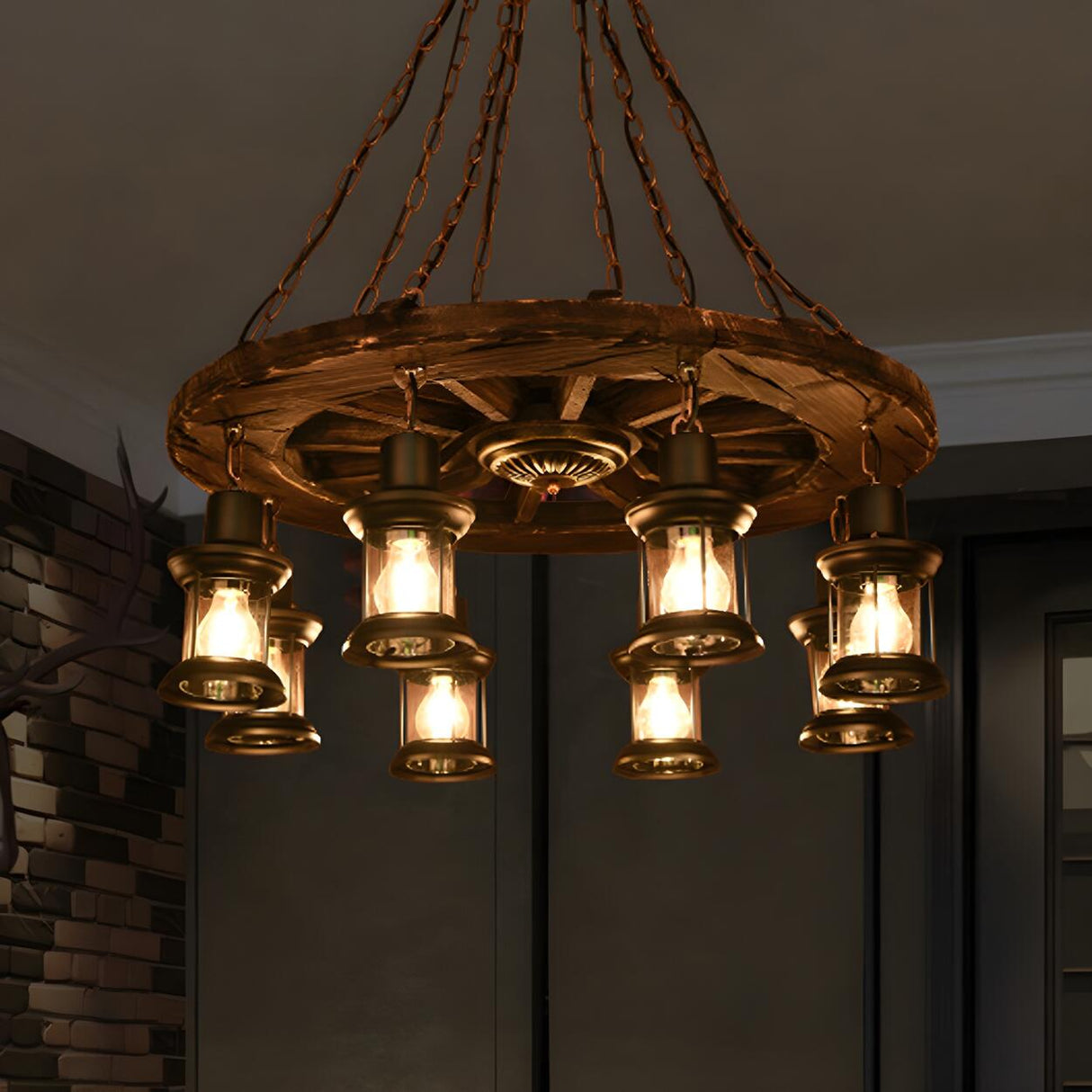 Rustic Wood Wagon Wheel Lantern Restaurant Chandelier Image - 4