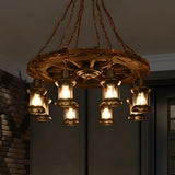 Rustic Wood Wagon Wheel Lantern Restaurant Chandelier Image - 4