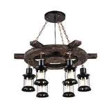 Rustic Wood Wagon Wheel Lantern Restaurant Chandelier Image - 5