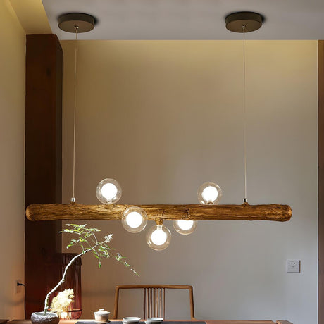 Rustic Wooden Beam and Bubble Island Pendant Light Image - 1