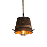 Rustic Wooden Brown Bucket Barrel Pendant Light for Bar Image - 3