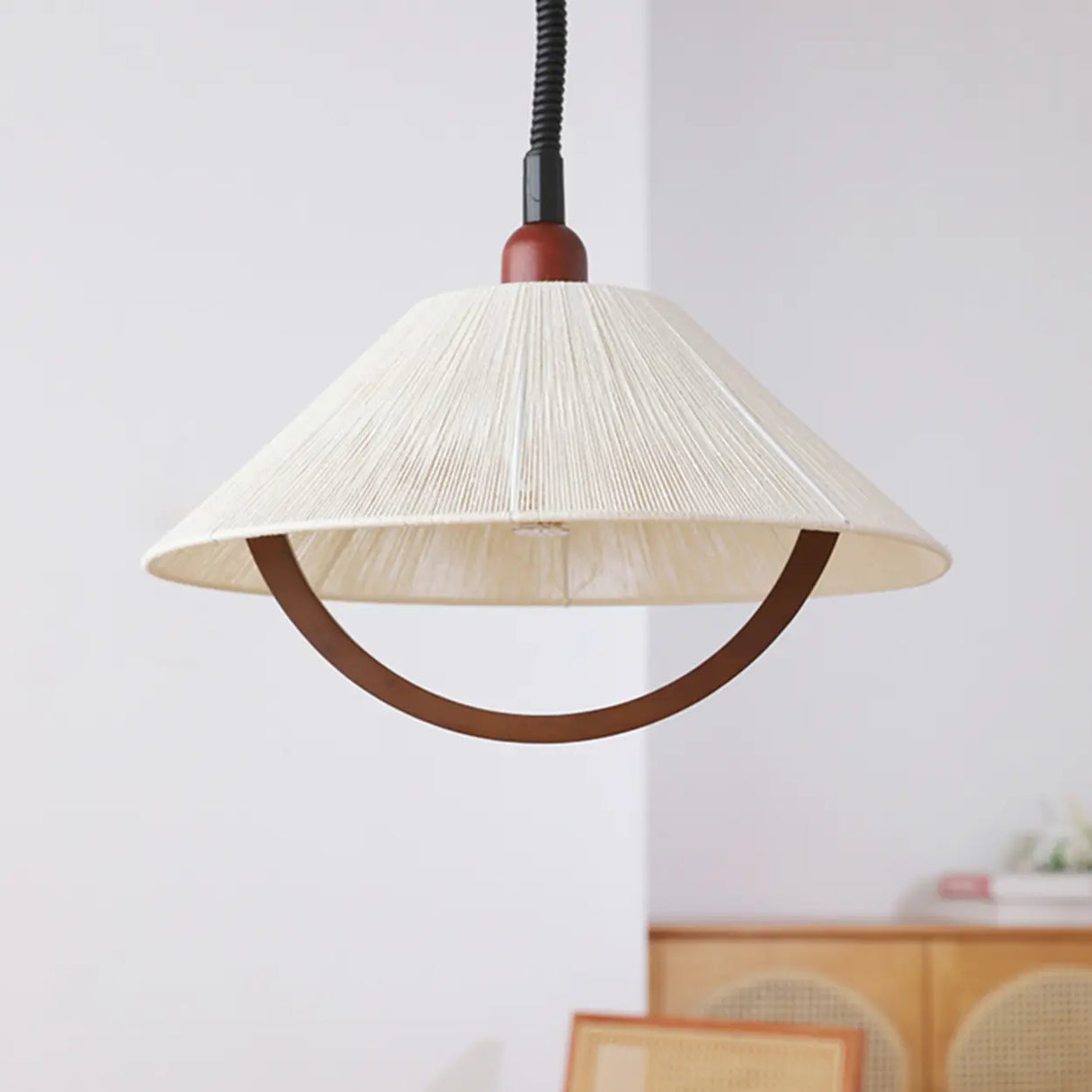 Rustic Wooden Cone Pendant Light Adjustable Height Image - 3