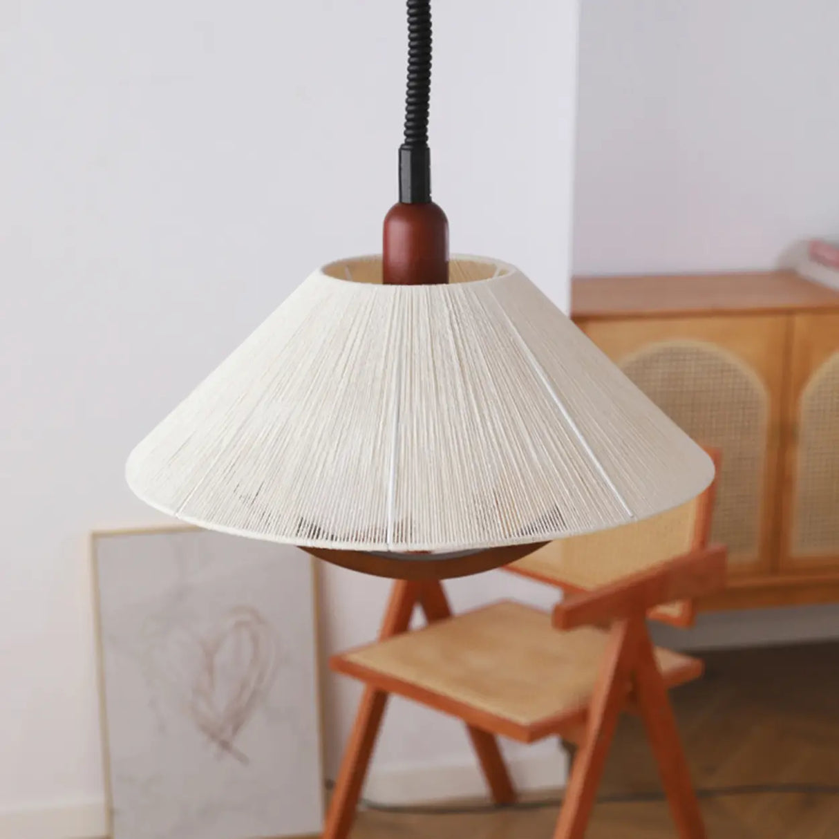 Rustic Wooden Cone Pendant Light Adjustable Height Image - 4