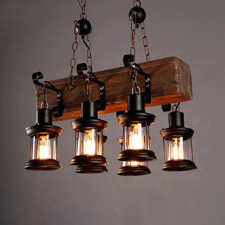 Rustic Wooden Lantern Kitchen Island Chandelier Light Image - 2