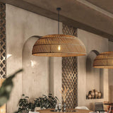 Rustic Woven Rattan Dome Pendant Light Adjustable Height Image - 1