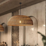 Rustic Woven Rattan Dome Pendant Light Adjustable Height Image - 2