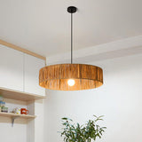 Rustic Woven Rattan Drum Pendant Light Adjustable Height Image - 1