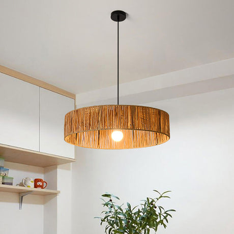 Rustic Woven Rattan Drum Pendant Light Adjustable Height Image - 1