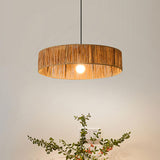 Rustic Woven Rattan Drum Pendant Light Adjustable Height Image - 14