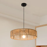 Rustic Woven Rattan Drum Pendant Light Adjustable Height Image - 2