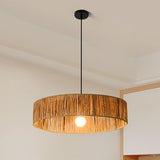 Rustic Woven Rattan Drum Pendant Light Adjustable Height Image - 3