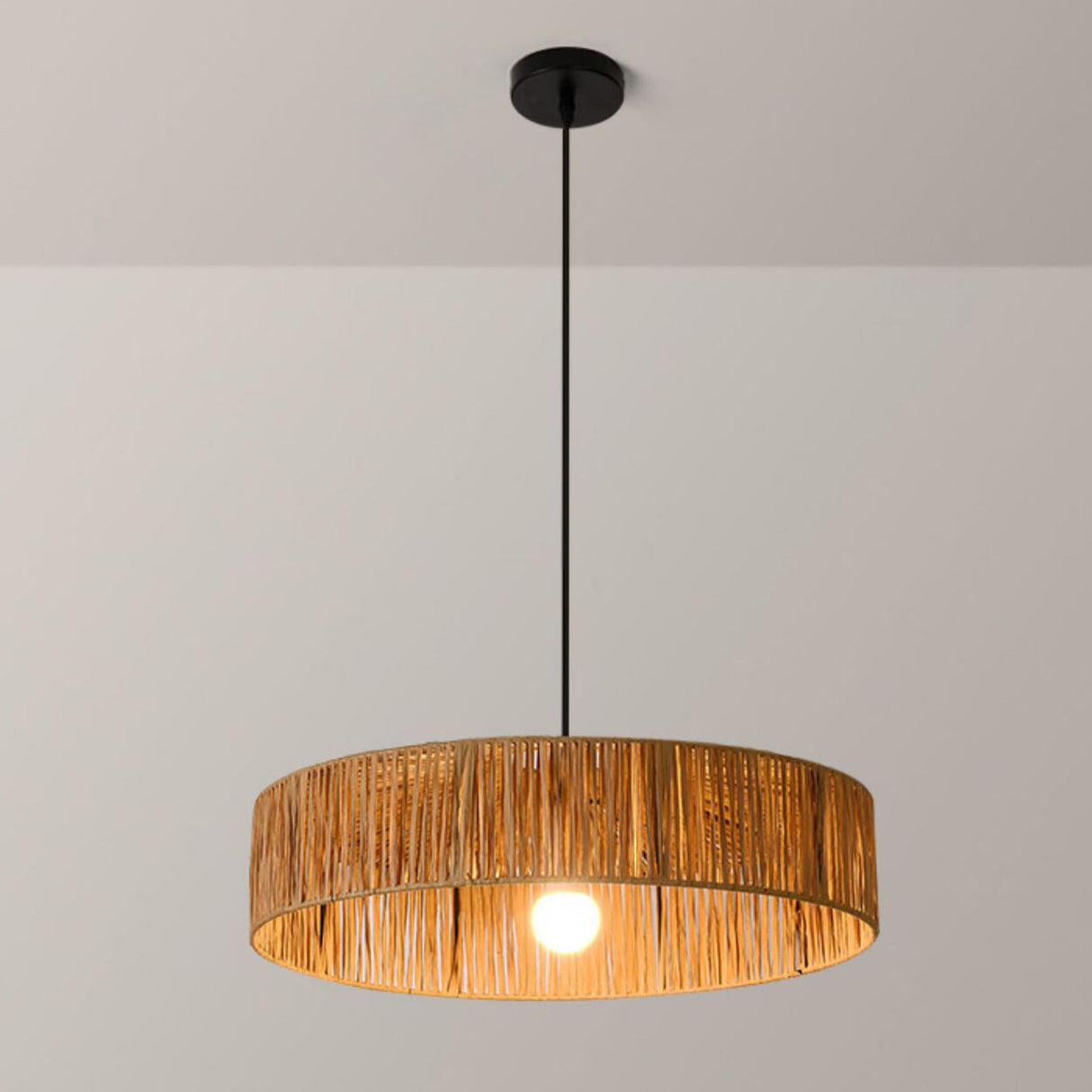 Rustic Woven Rattan Drum Pendant Light Adjustable Height Image - 9