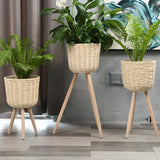 Rustic Woven Round Natural Indoor Tripod Plant Stand Image - 1