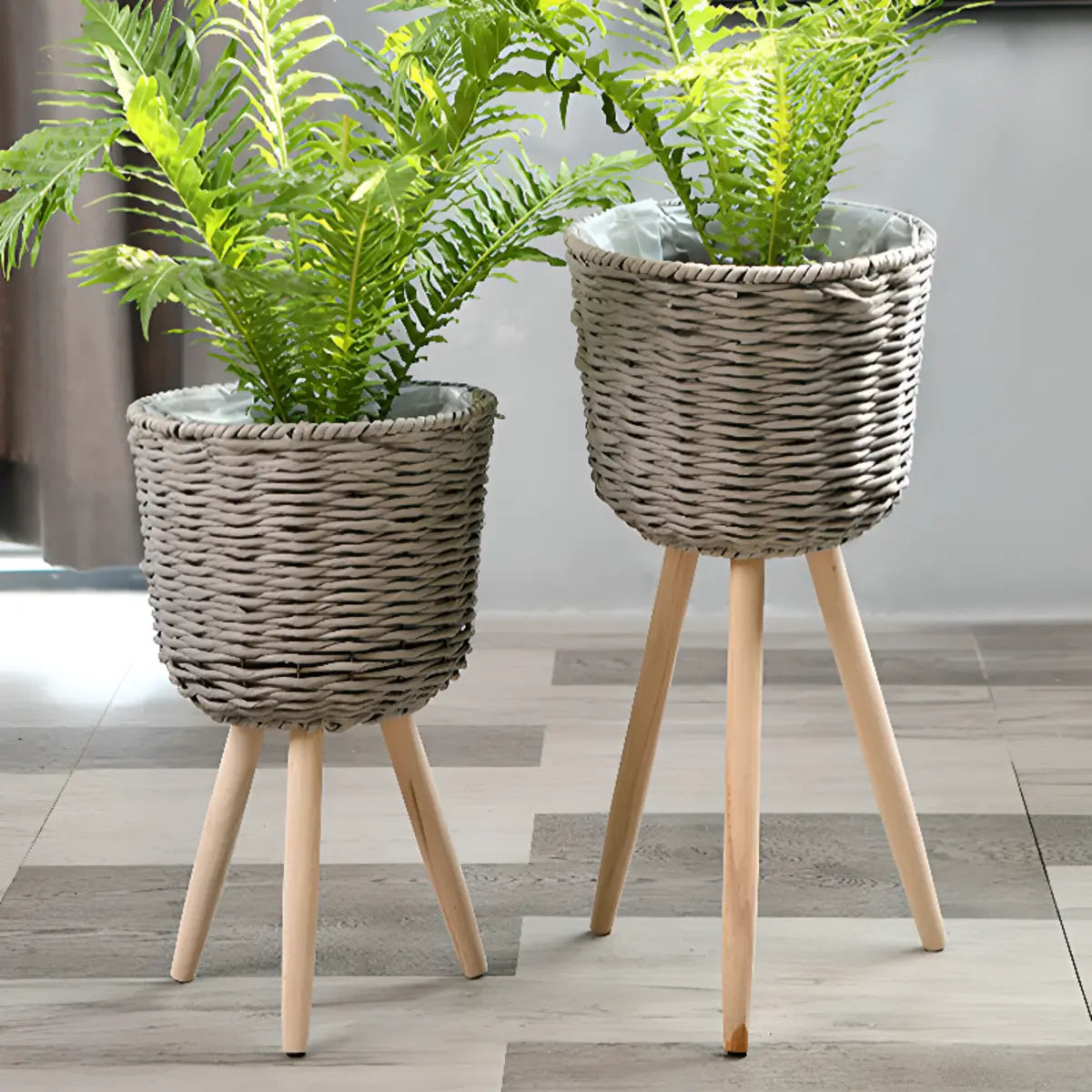 Rustic Woven Round Natural Indoor Tripod Plant Stand Image - 10