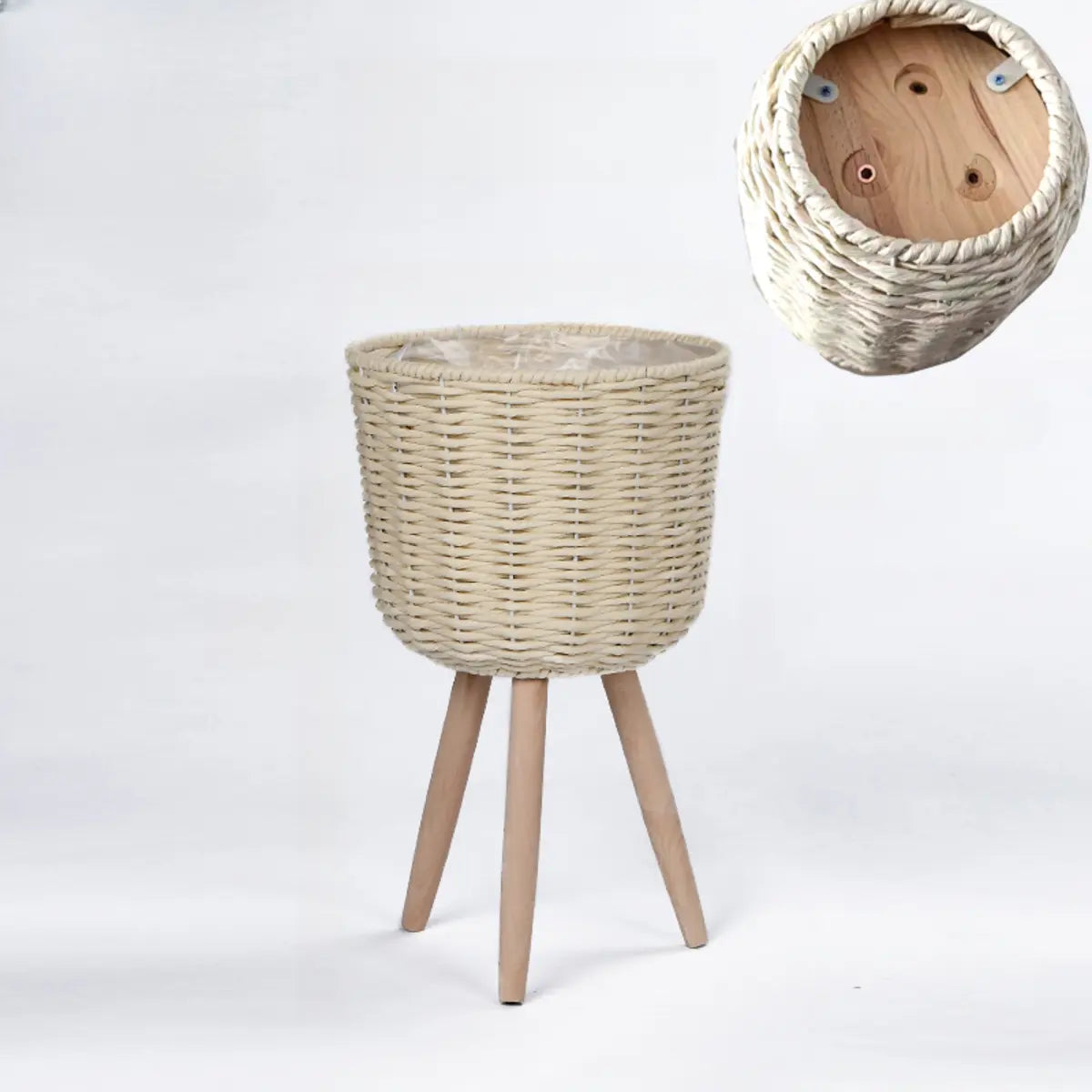 Rustic Woven Round Natural Indoor Tripod Plant Stand Image - 2