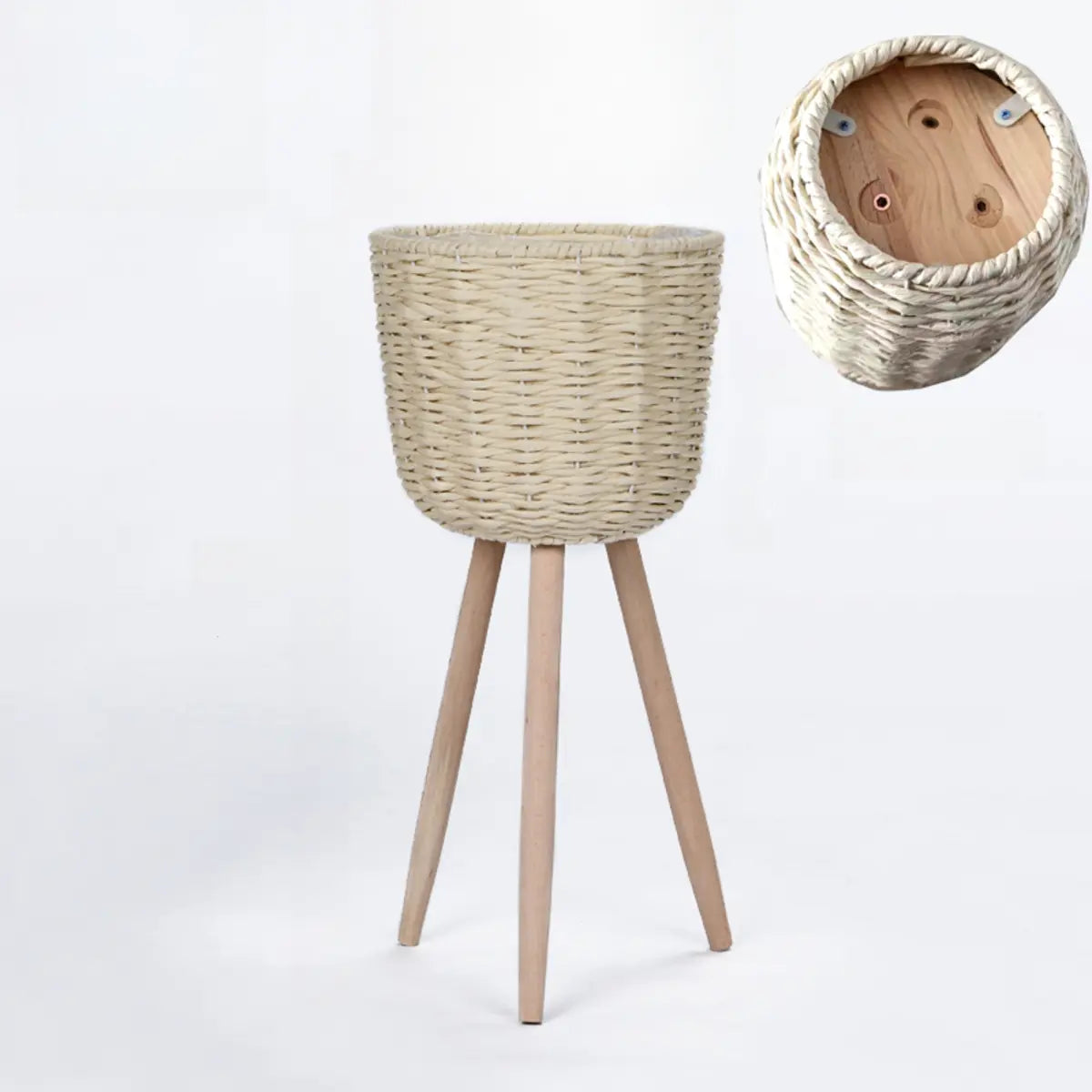 Rustic Woven Round Natural Indoor Tripod Plant Stand Image - 4