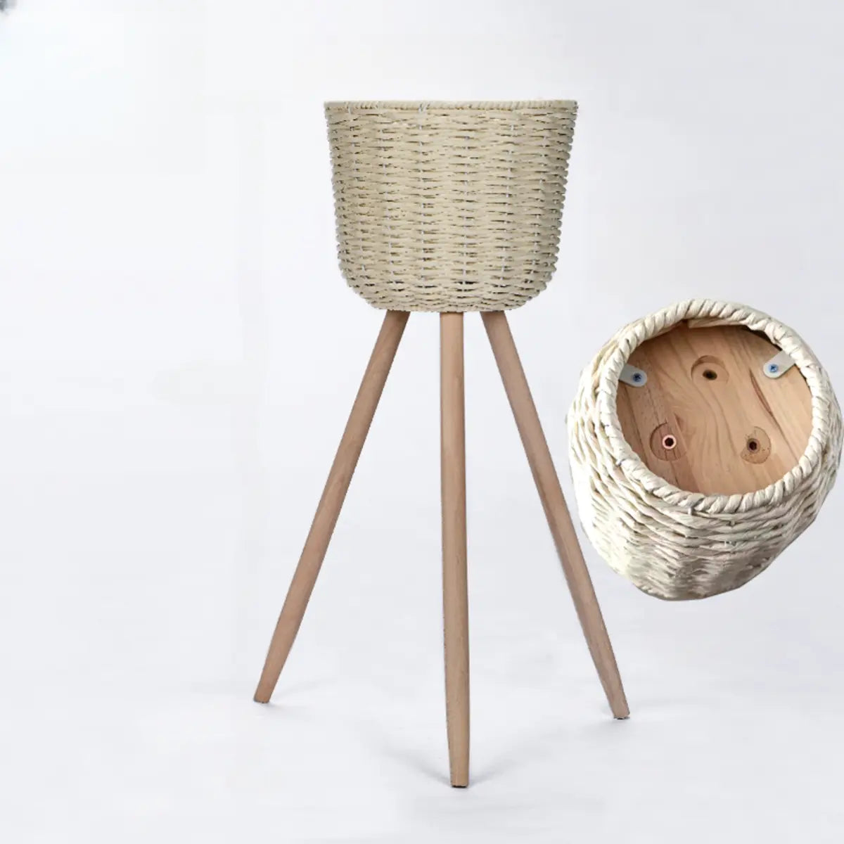 Rustic Woven Round Natural Indoor Tripod Plant Stand Image - 5