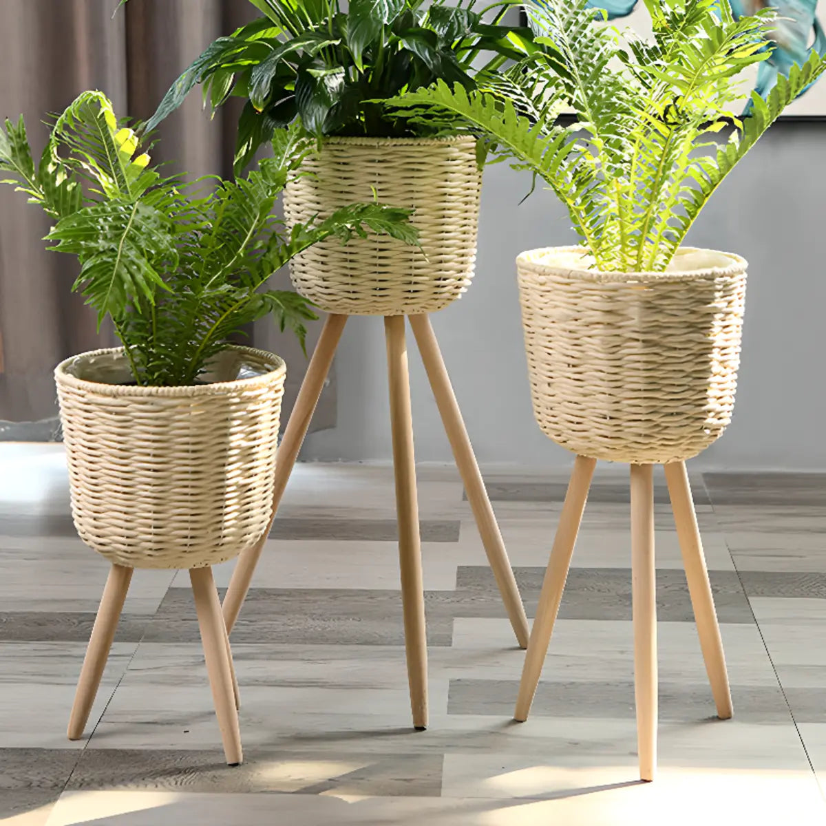 Rustic Woven Round Natural Indoor Tripod Plant Stand Image - 6