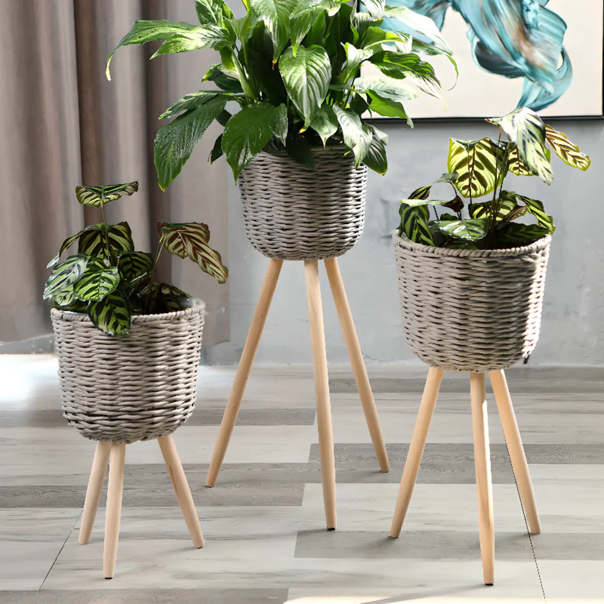 Rustic Woven Round Natural Indoor Tripod Plant Stand Image - 8