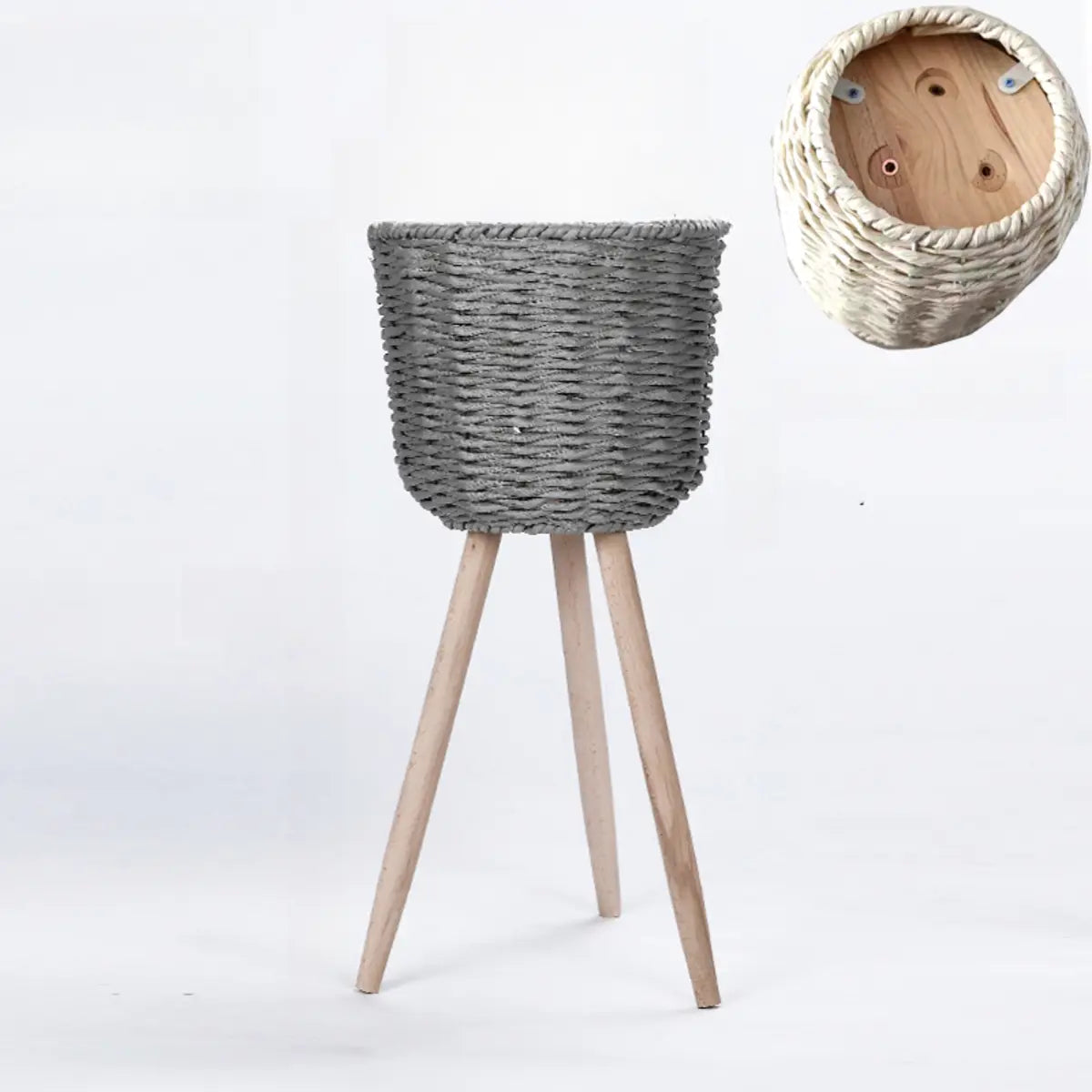 Rustic Woven Round Natural Indoor Tripod Plant Stand Image - 9