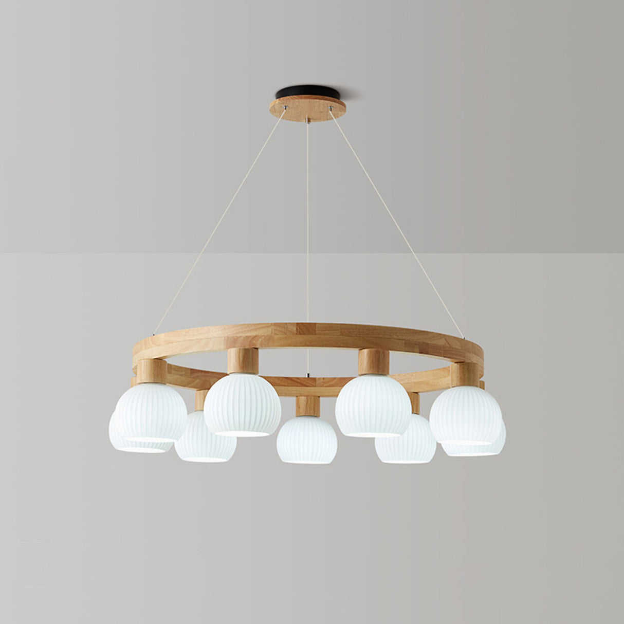 Scandinavian 9-Light GLobe Wooden Ring Chandelier Image - 3