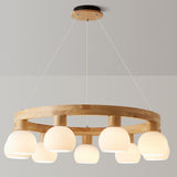 Scandinavian 9-Light GLobe Wooden Ring Chandelier Image - 9