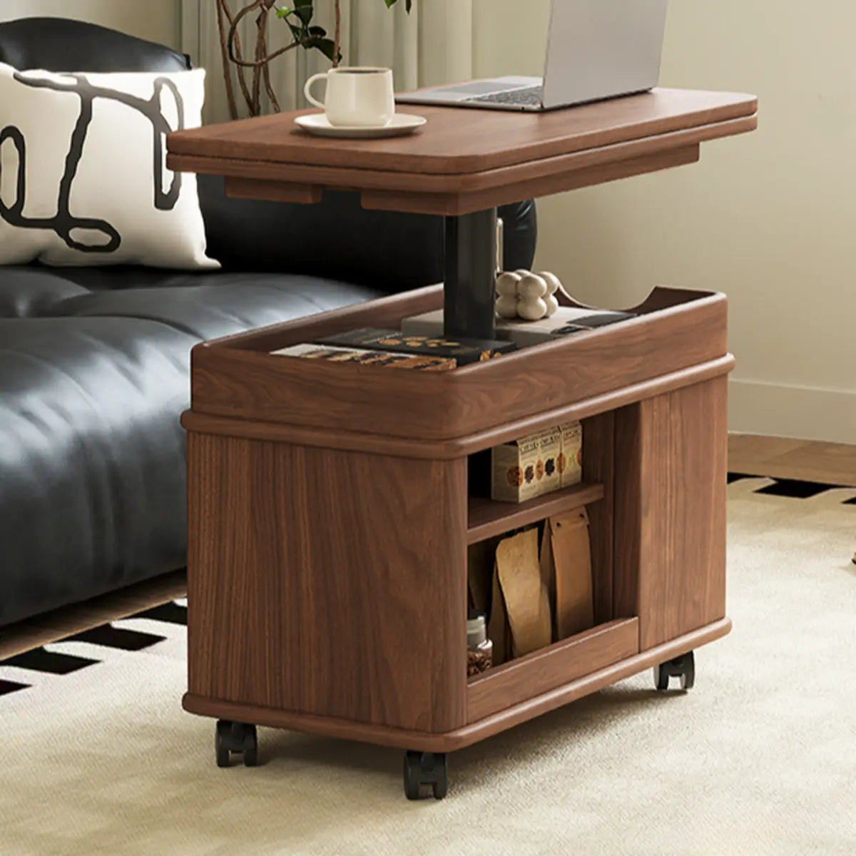 Scandinavian Adjustable Brown Wood Mobile Side Table Image - 4