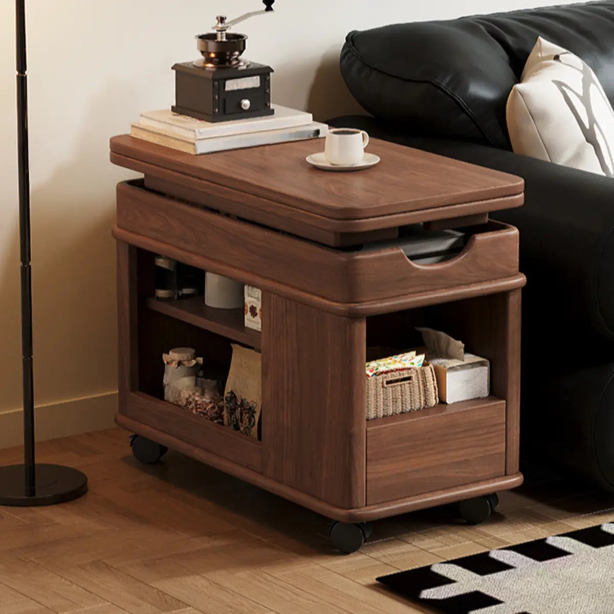 Scandinavian Adjustable Brown Wood Mobile Side Table Image - 8