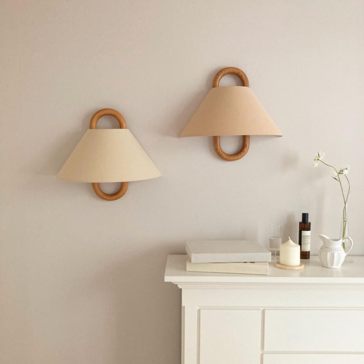 Scandinavian Beige Wooden and Fabric Cone Wall Lamp Image - 1