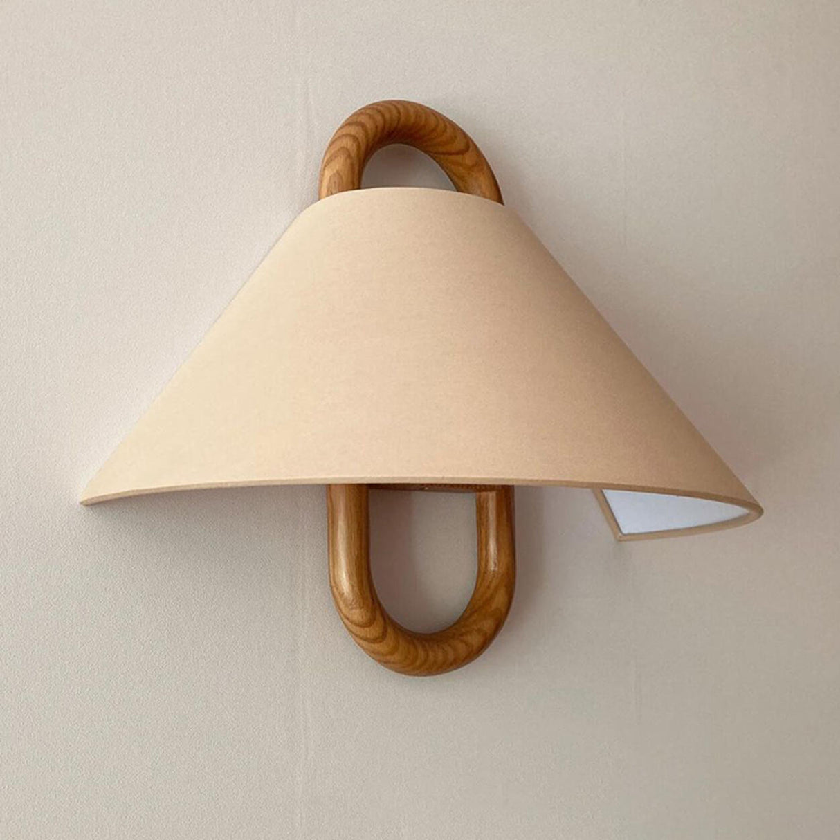 Scandinavian Beige Wooden and Fabric Cone Wall Lamp Image - 12