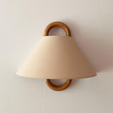 Scandinavian Beige Wooden and Fabric Cone Wall Lamp Image - 2