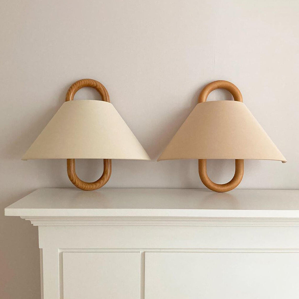 Scandinavian Beige Wooden and Fabric Cone Wall Lamp Image - 3