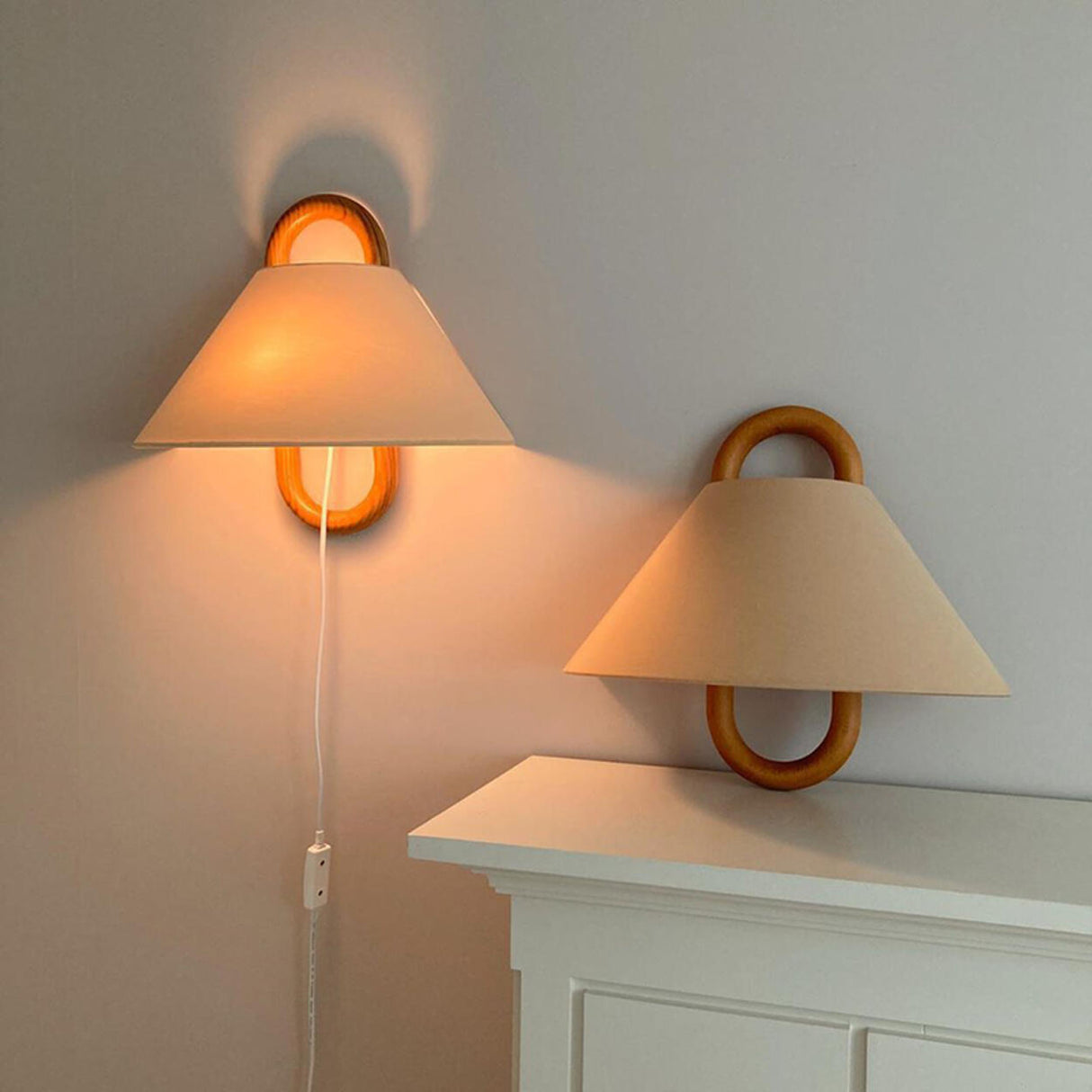 Scandinavian Beige Wooden and Fabric Cone Wall Lamp Image - 6