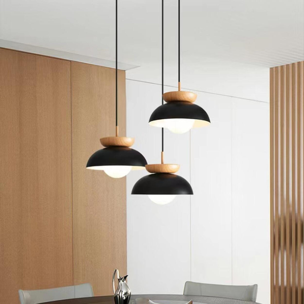 Scandinavian Dome Black and Wood Pendant Lights Image - 1