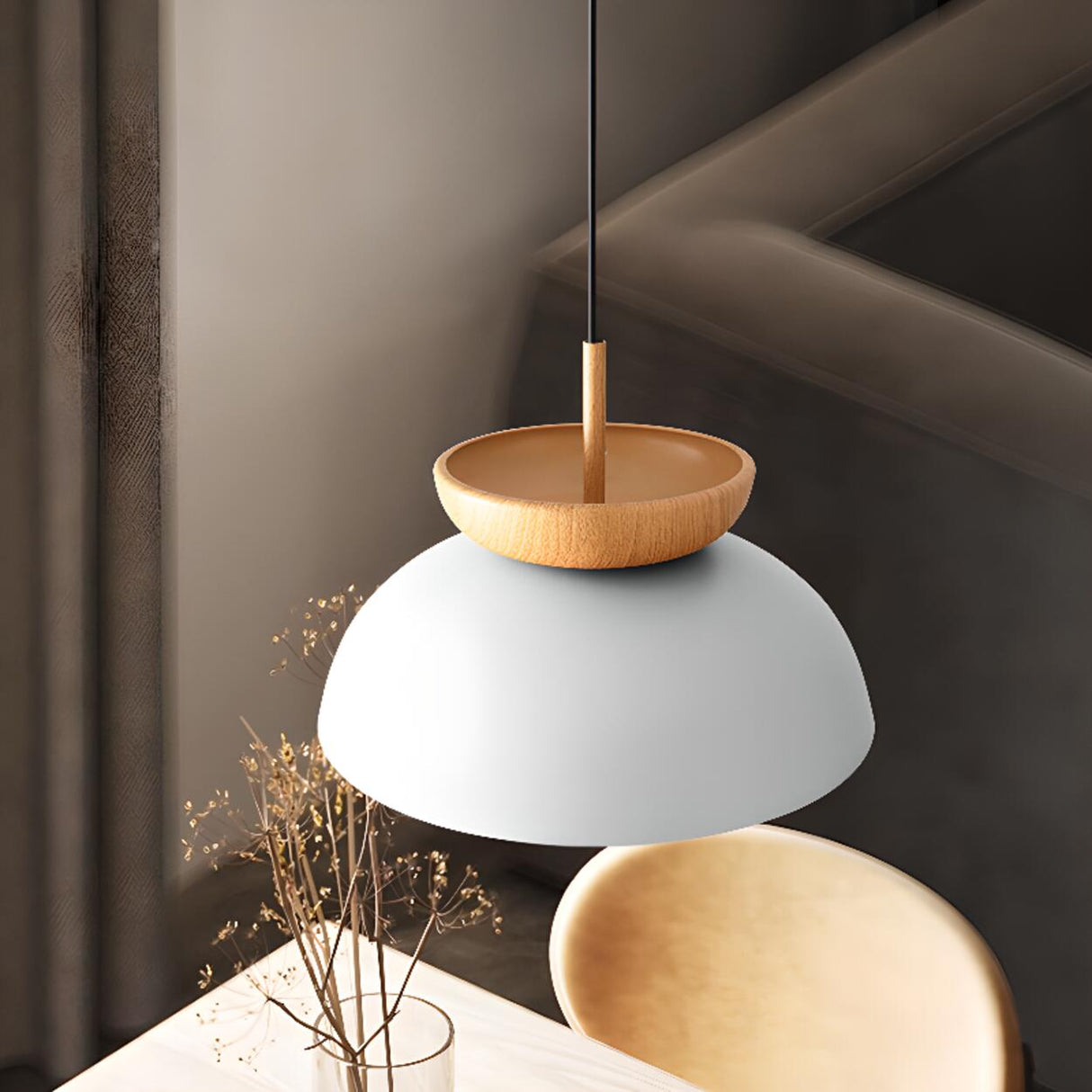 Scandinavian Dome Black and Wood Pendant Lights Image - 2