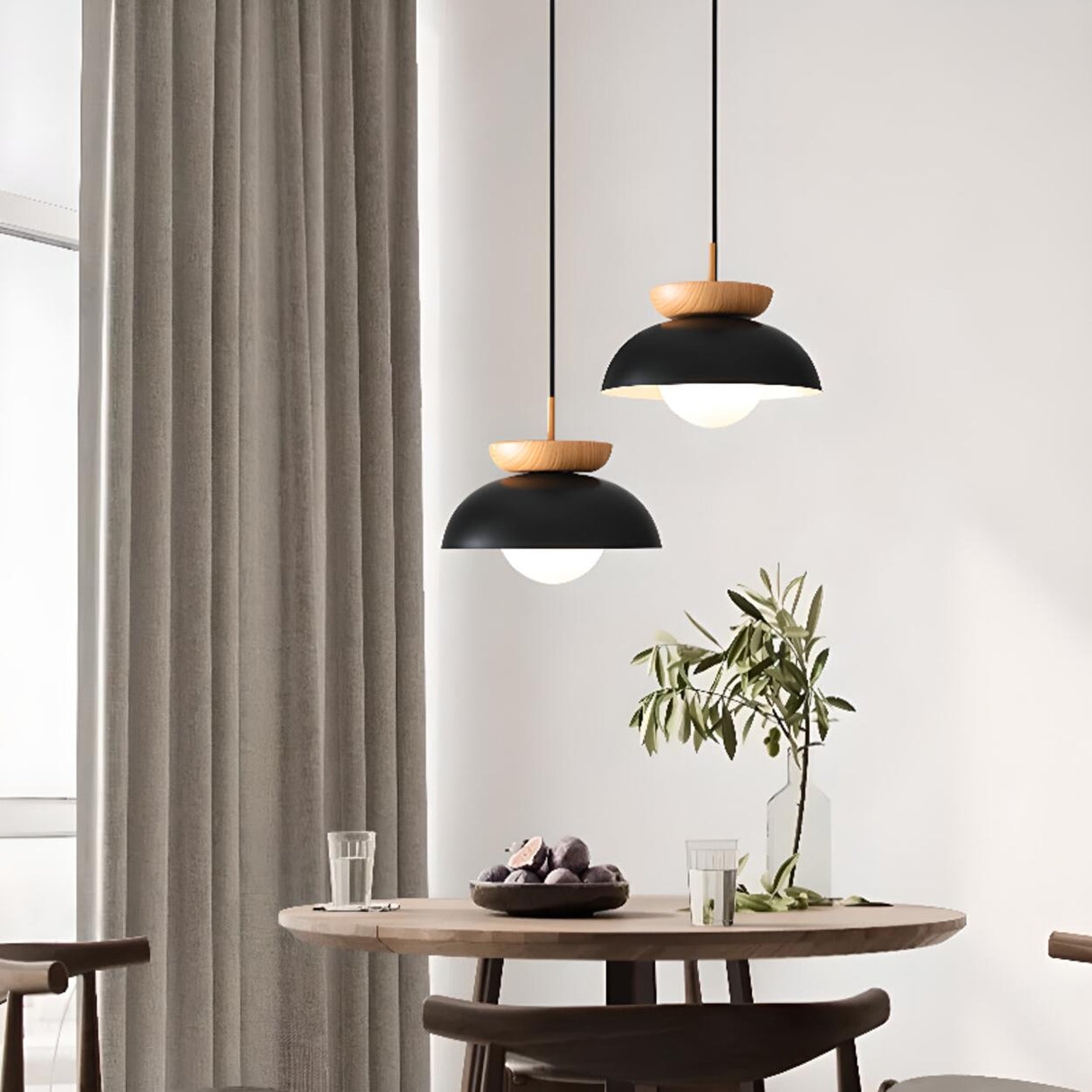 Scandinavian Dome Black and Wood Pendant Lights Image - 4