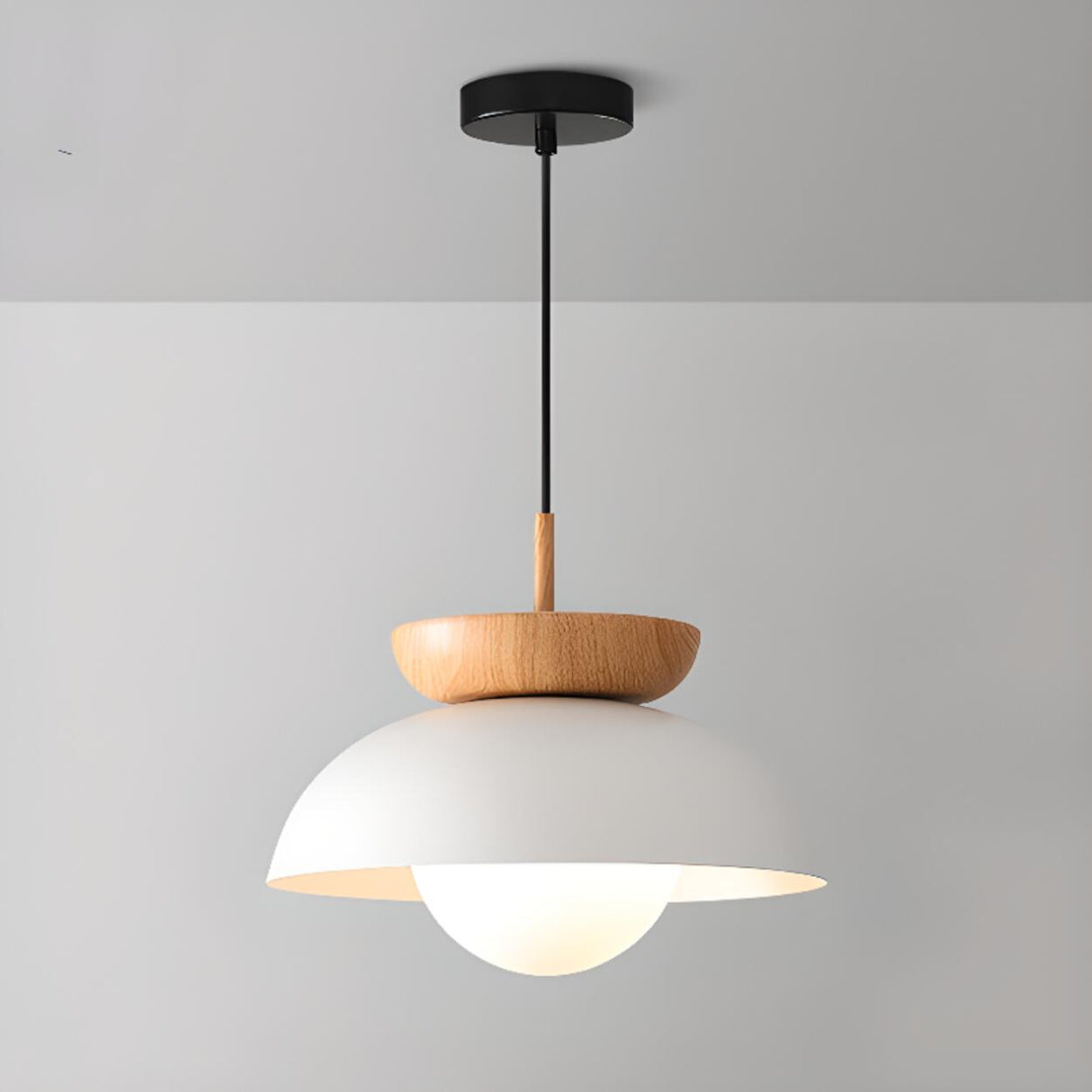 Scandinavian Dome Black and Wood Pendant Lights Image - 6