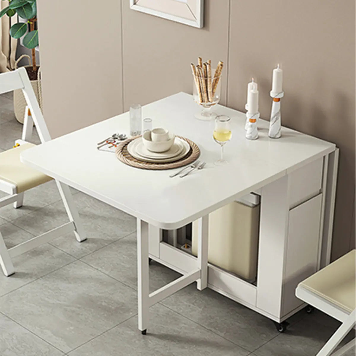 Scandinavian Drop Leaf Wood Dining Table White Compact Image - 9