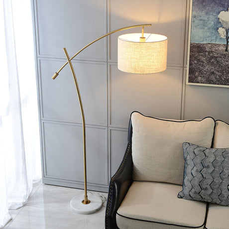 Scandinavian Fabric Drum Arched Gold Floor Lamp Image - 1