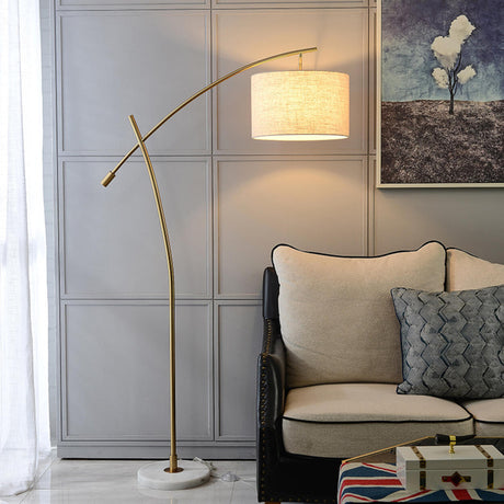 Scandinavian Fabric Drum Arched Gold Floor Lamp Image - 2