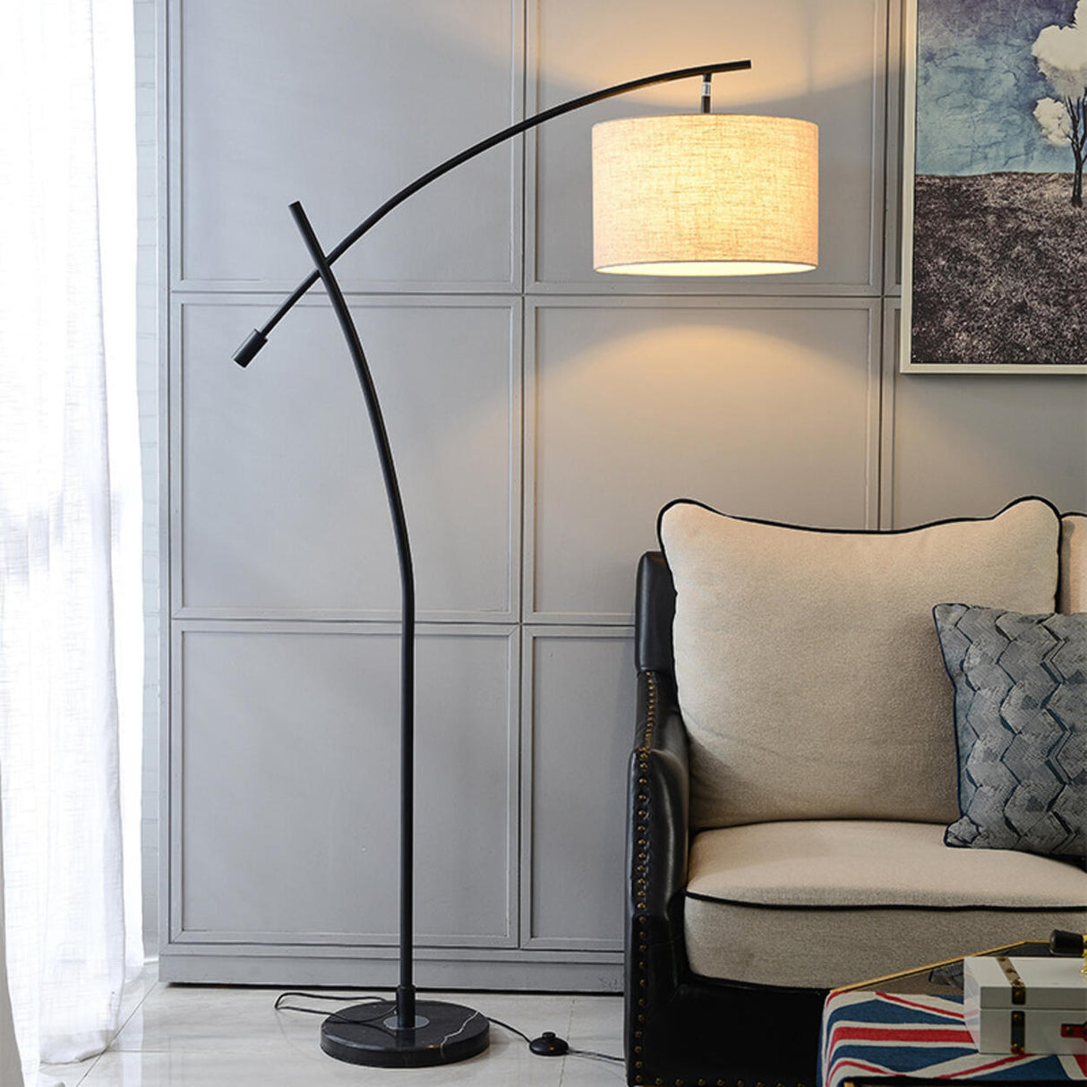 Scandinavian Fabric Drum Arched Gold Floor Lamp Image - 4