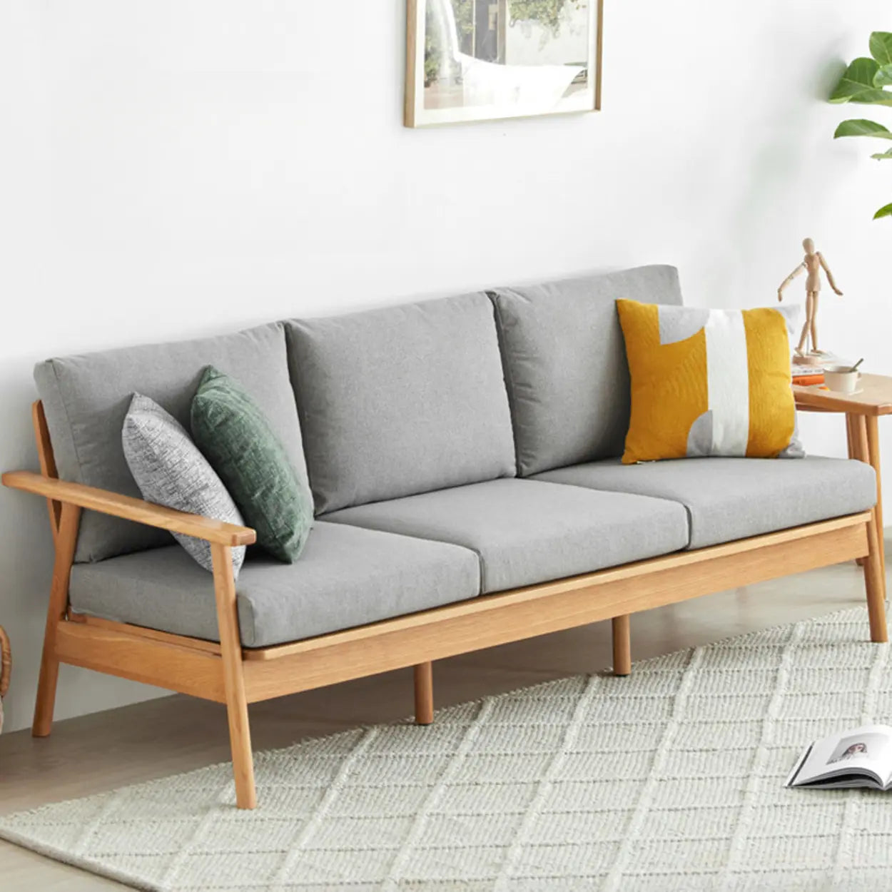 Scandinavian Grey Cotton Linen Wooden Frame Sofa Image - 1