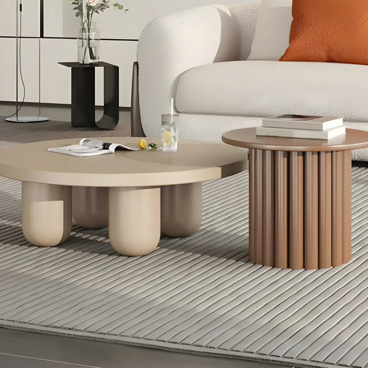 Scandinavian Khaki Brown Wooden Round Coffee Table Set Image - 1