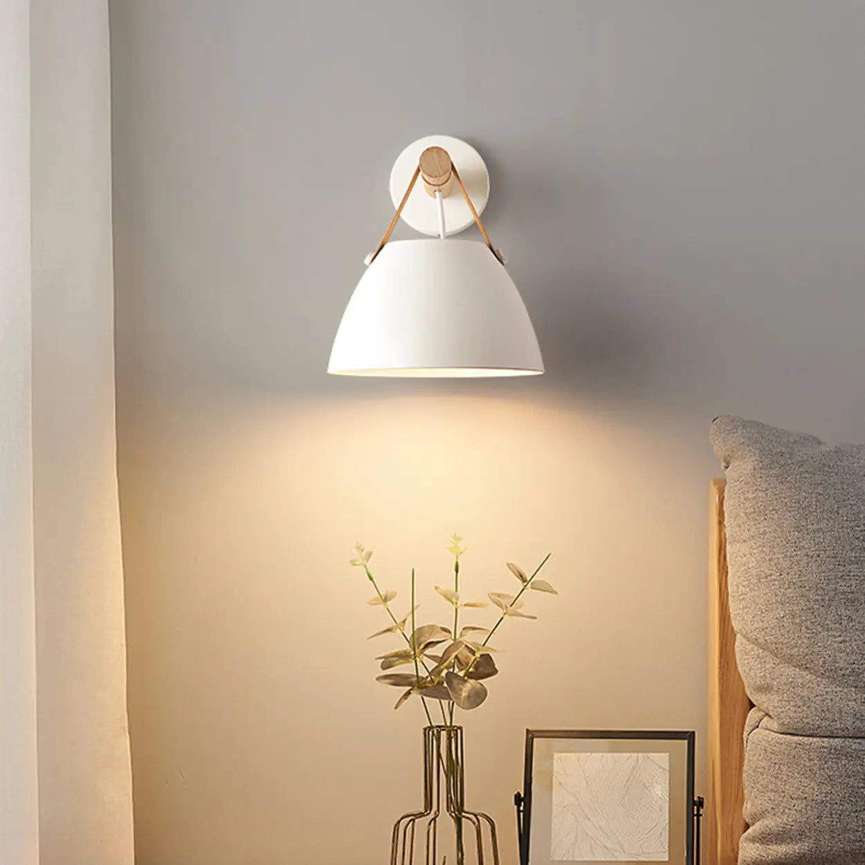 Scandinavian Leather Straps White Cone Wall Sconce Image - 1